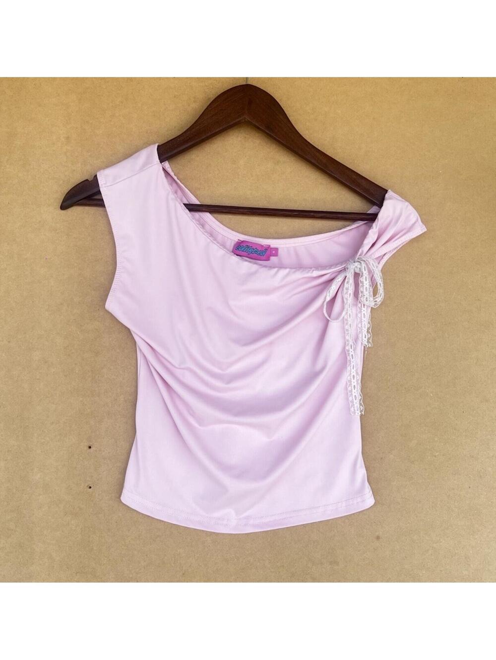 Edikted Pink Lace Bow Asymmetric Top Off Shoulder Drape Cami Small Coquette Y2K